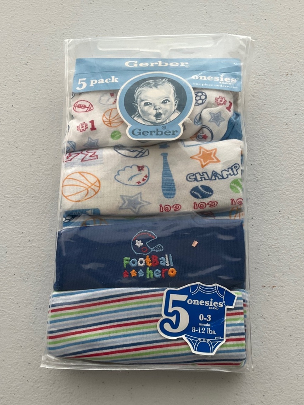 🌺$3.00 Gerber 5-Pack Navy, White & Multicolor Football-Themed Baby Onesies